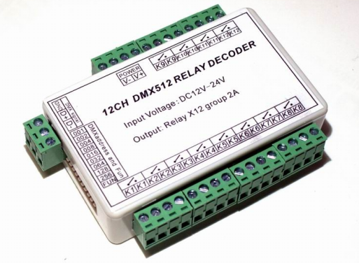DMX relé doska, 12 kanálov, 2A/ch, 24V DC