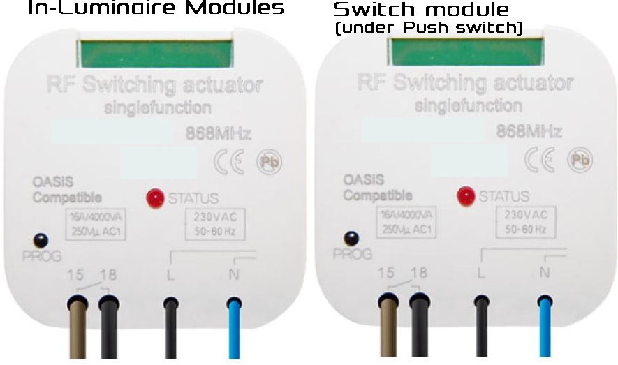 RF Set of components (under push switch modul) to controll+2 circuits from 1circuit wiring