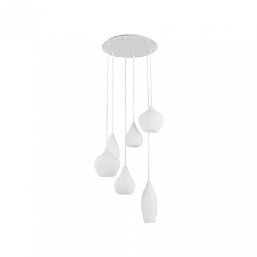 Závesné svietidlo, 230V, max 6xE14, priem 600mm, výška 300-1350mm, kov+sklo, biele
