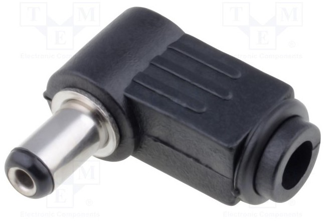 Konektor DC 2,1mm male na kábel, 90°, zásuvka. Materiál krytu: plast.