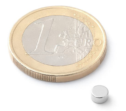 Magnet neodýmový, poniklovaný, 4MM DIA, 2MM VYSKA, magnetická sila do 0,42kg, do 80 °C