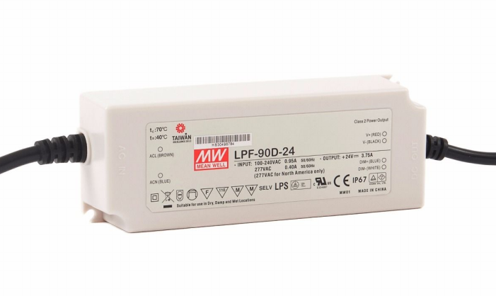 Stmievateľný napájací zdroj , PFC, CV 24VDC+ CC3.75A, DIMM 3v1, 90W, so SELV, IP67