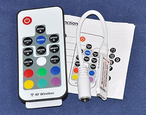 Kontrolér RGB multi mini 5-24V s konektorom5.5mm FEM a diaľkovým ovládačom RF, 4A/ch, RGB