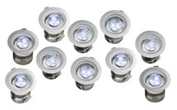 Komplet set 10 mini svietidiel, studená biela, LED,3.6W, nerez, 5m kábel,IP68,priem.30mm