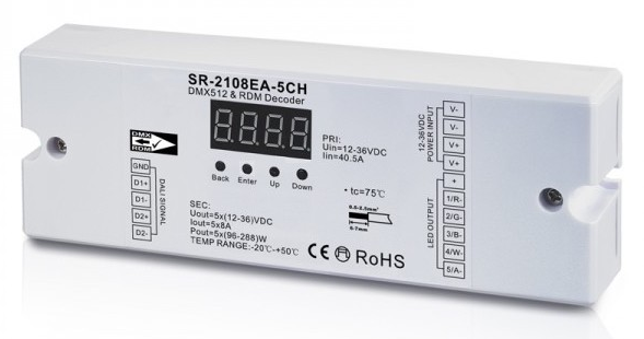 Kontrolér DMX512&RDM - dekóder, 5 kanálov, 5A/CH, 12-36VDC, CV