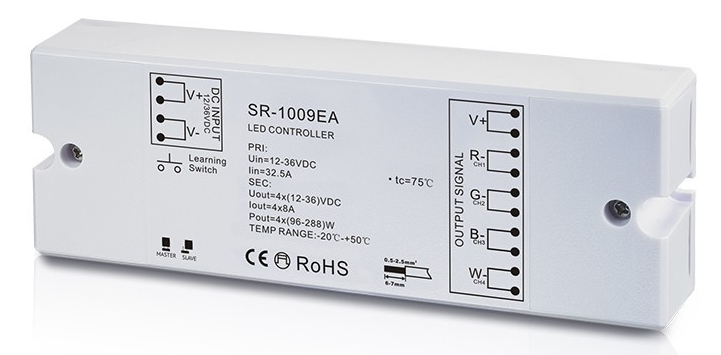 RF RGBW/BIO kontrolér pre touch panel/DO, 384-1152W, 12-36 V DC, 4x8A, IP20 - multifunkčný