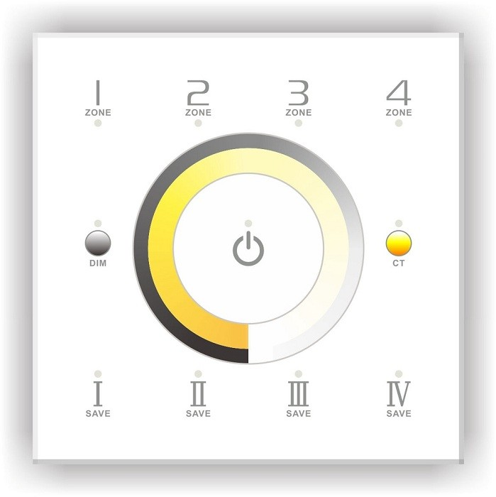 Nástenný dotykový ovládací panel, 4 zóny, 12-24V,biodynamický ,DMX, IP20