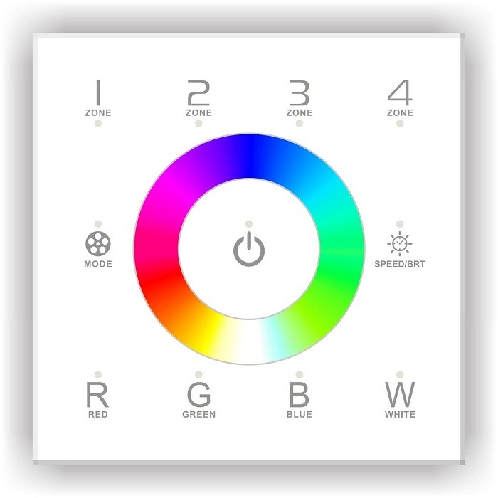 Nástenný dotykový ovládací RGBW panel, 4 zóny, DMX, IP20, biely, 12 - 24VDC