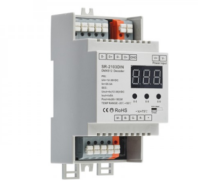 Kontrolér DMX, 4 kanály, 240-720W, 12-36V DC, 5A, CV, DIN, stand-alone mode