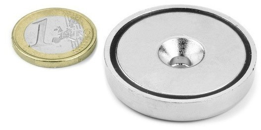 Magnet neodýmový, poniklovaný, 77g, magnetická sila do 55kg, do 80 °C, dia 42mm, pre M6