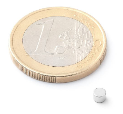 Magnet neodýmový, poniklovaný, 3MM DIA, 2MM VYSKA, magnetická sila do 0,25kg, do 80 °C