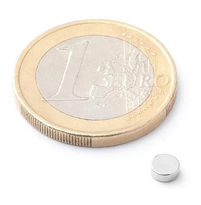 Magnet neodýmový, poniklovaný, 4MM DIA, 1.5MM VYSKA, magnetická sila do 0,33kg, do 80 °C