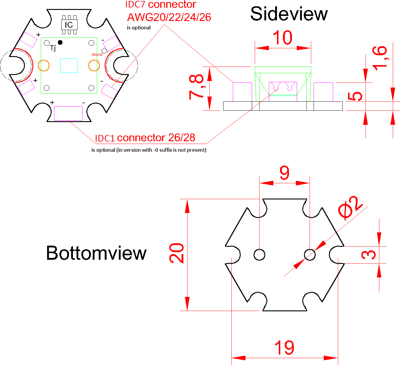 LED modul s 18V Vf LED na STAR HEX,4000K,IDC1 double AWG28,CC driver 20/45mA, 24VDC,ESD