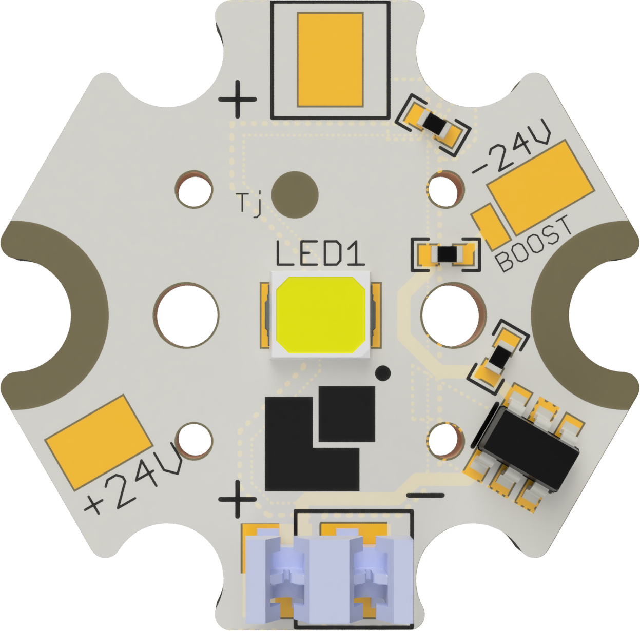LED modul s 18V Vf LED na STAR HEX PCB,5000K,IDC1 AWG28,ESD,CCdriver, 0,48W/1W