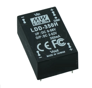 Napájací zdroj konštantného prúdu 350mA, IN : 9-56Vin, 2-52Vout, IP67 Max. 18W, PWM, THT