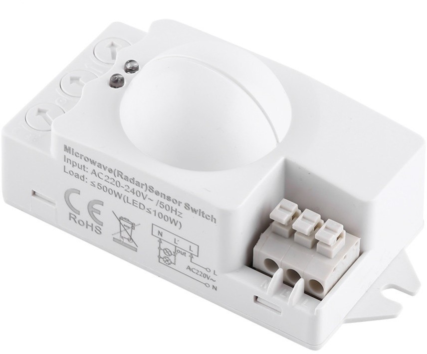 Pohybový a súmrakový mikrovlnný senzor, detekcia 8m, 360°, 230V