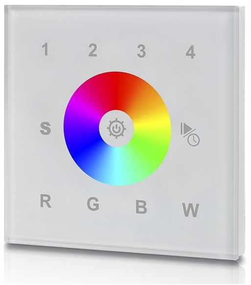 DALI nástenný dotykový panel, 4-zónový, 12-24VDC, RGBW, DT8-ovládanie 1 DALI skupiny naraz